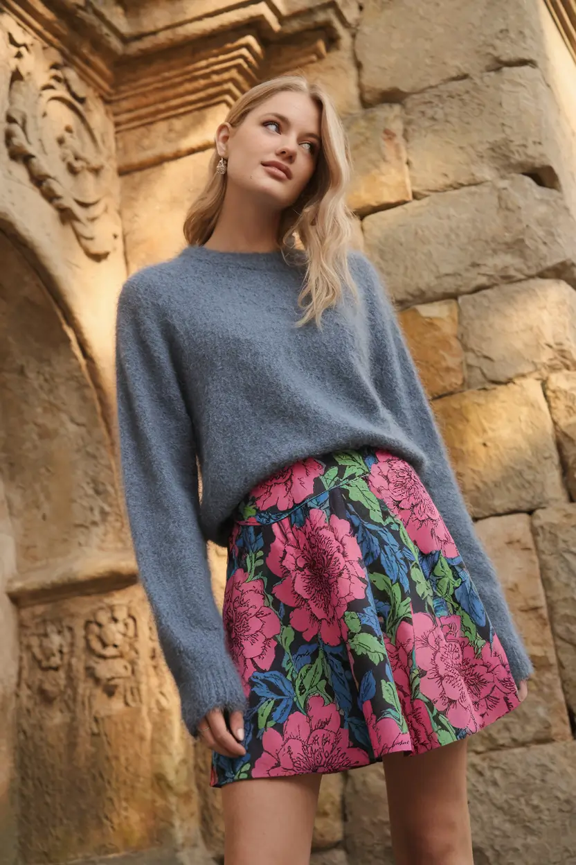 fall outfits ideas 2025 Floral Drama Meets Soft Knit Dreams