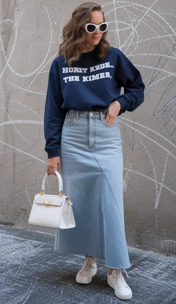 fall outfits ideas 2025 Denim Skirt, Navy Sweatshirt—Street Style Simplicity