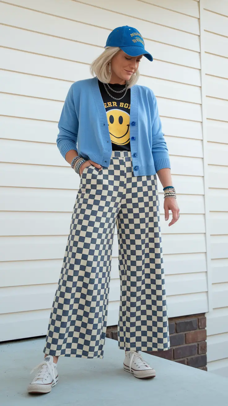 fall outfits ideas 2025 Checkmate: Bold Prints and Soft Cardigans