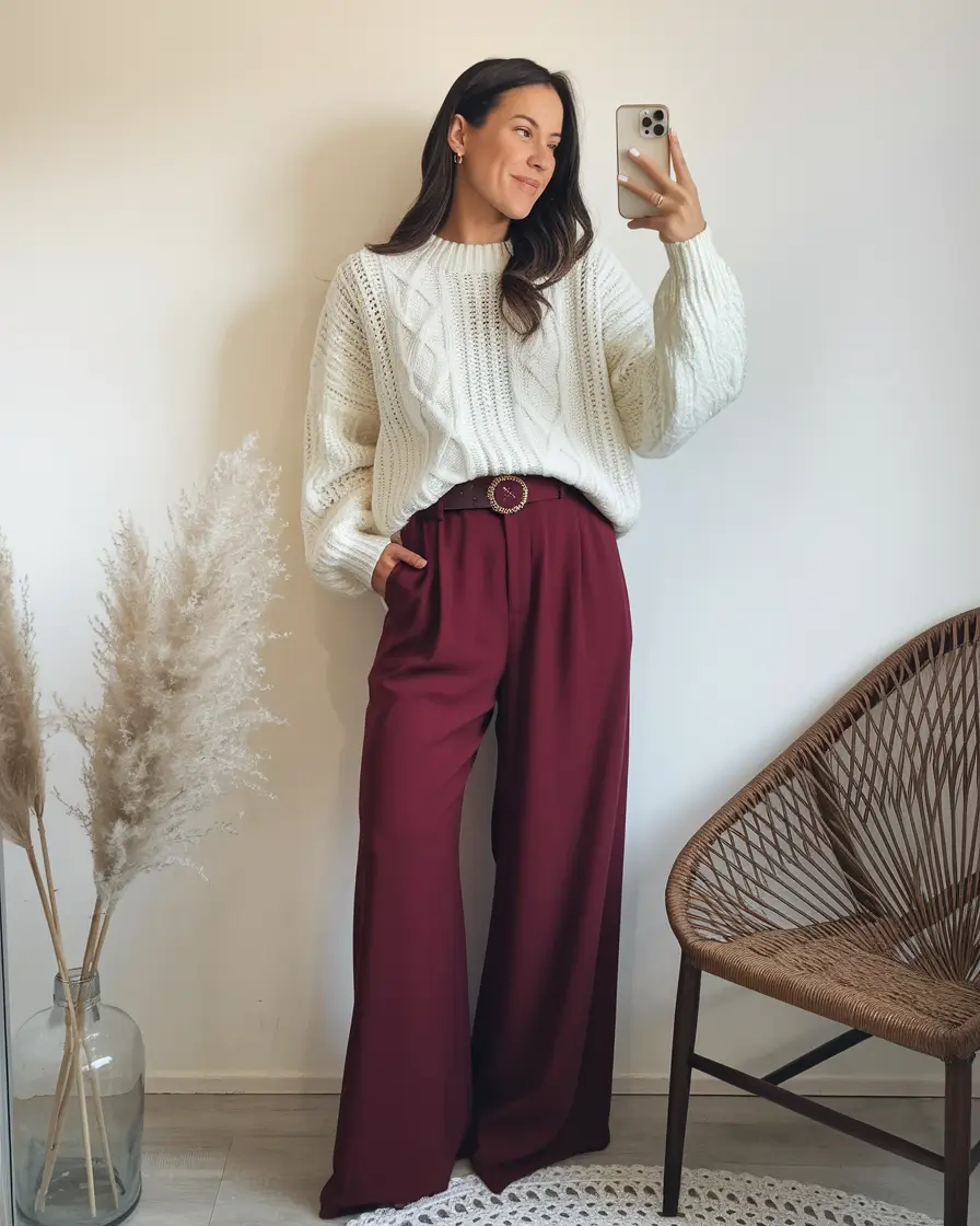 fall outfits ideas 2025 Cable Knits and Burgundy Bliss