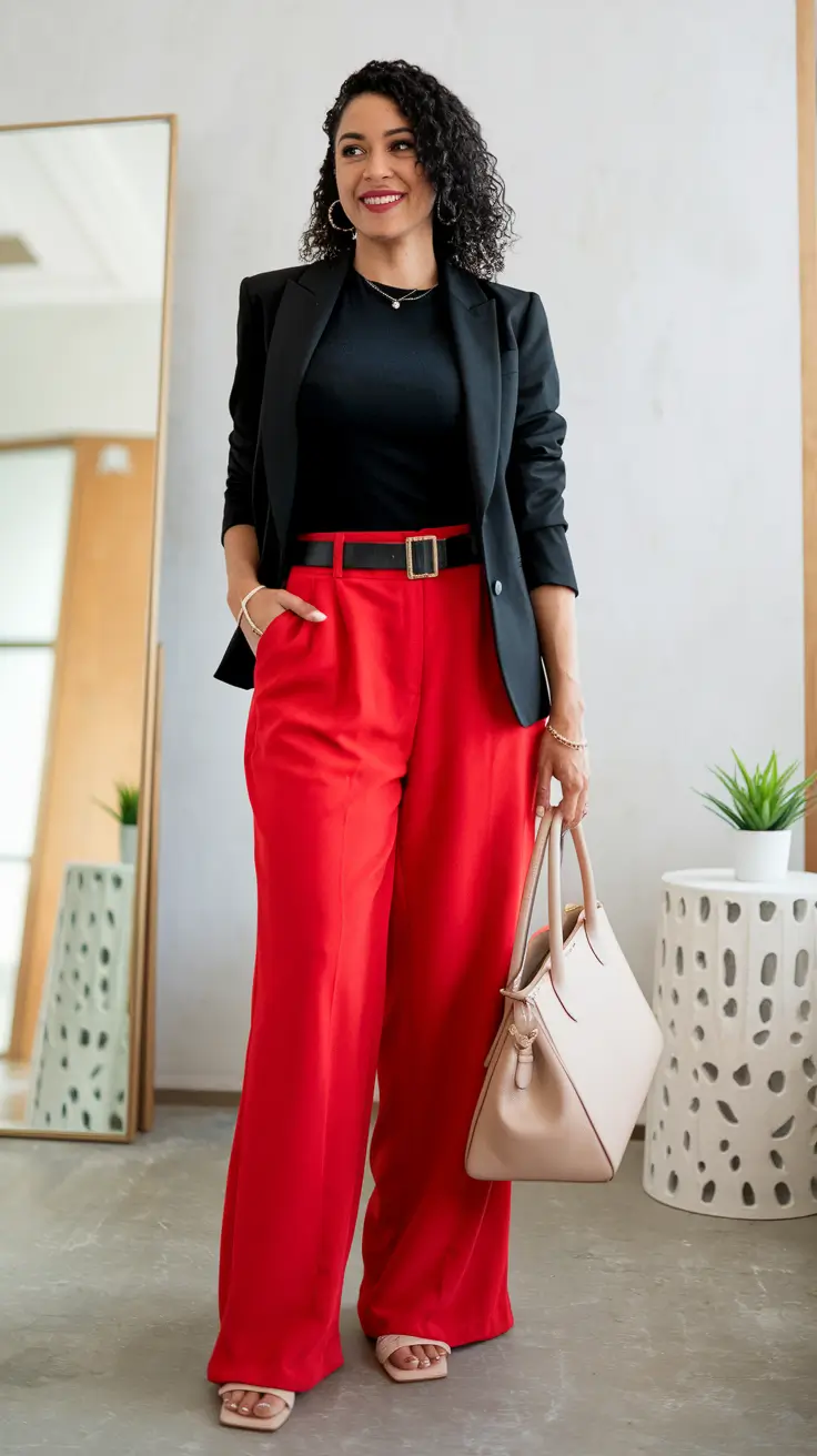 fall outfits ideas 2025 Red Statement Pants for the Bold Professional
