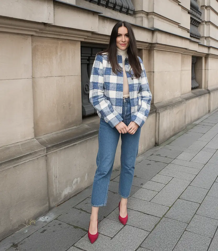 fall outfits ideas 2025 City Girl Plaid and Pop of Red