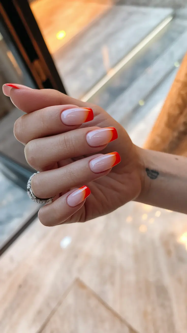 french tips for summer Sunset Red Square French with a Soft Fade