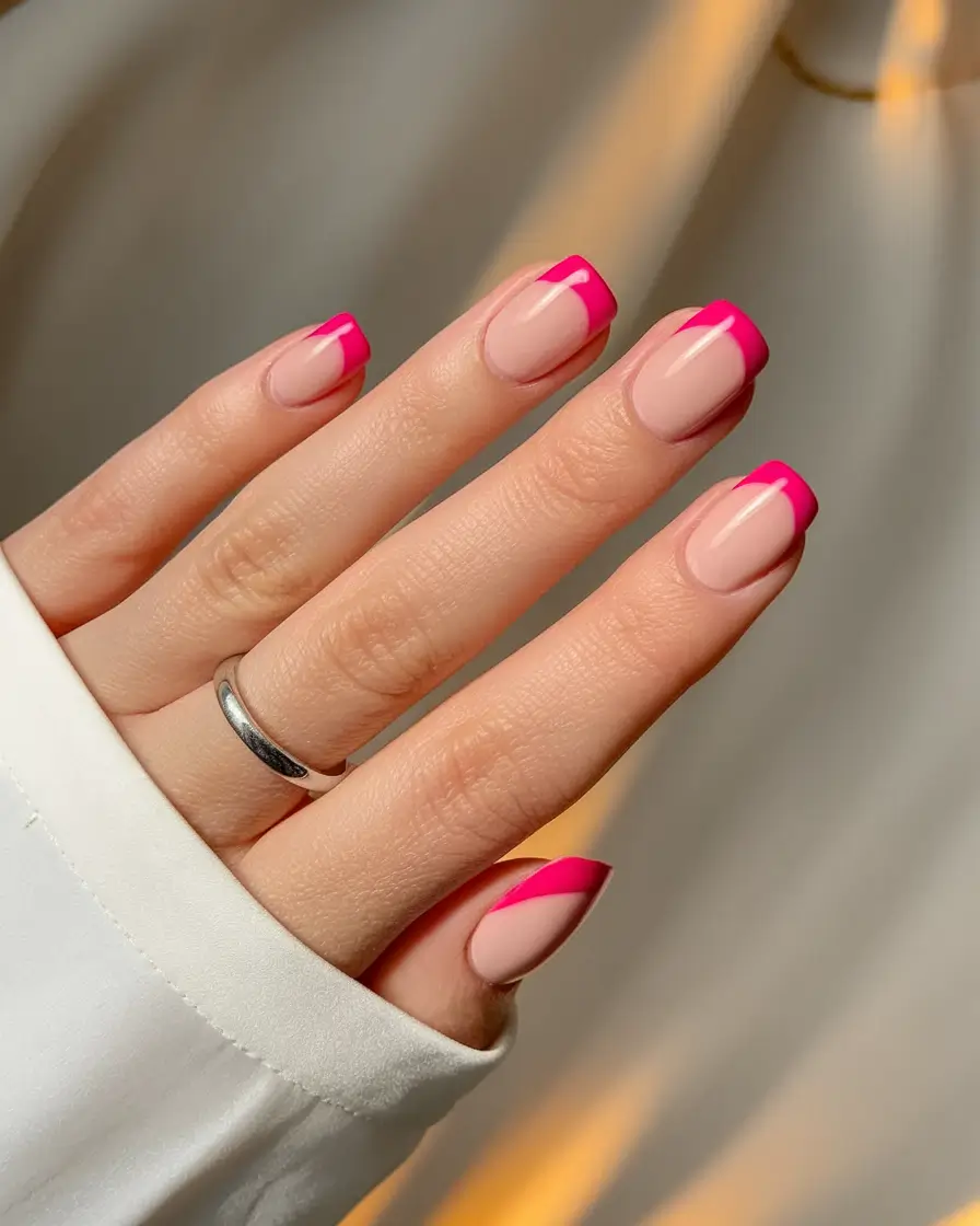 french tips for summer Diagonal Hot Pink Tips on a Clean Nude Base