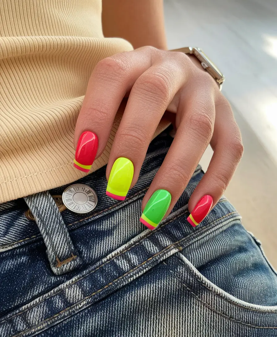 french tips for summer Trio-Toned Retro Neon Block Tips