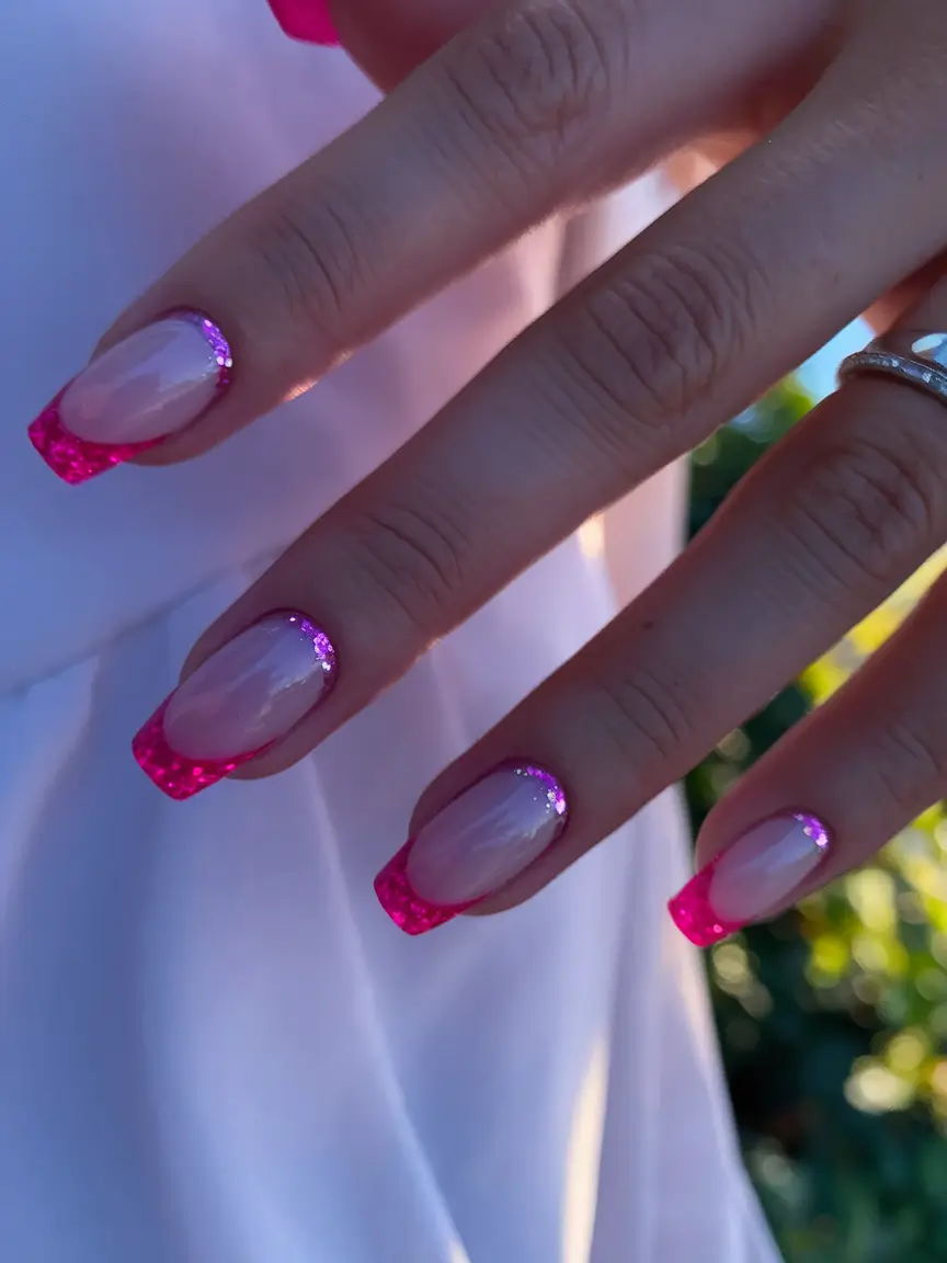 french tips for summer Glitter-Pink Square Tips for Sunset Hours
