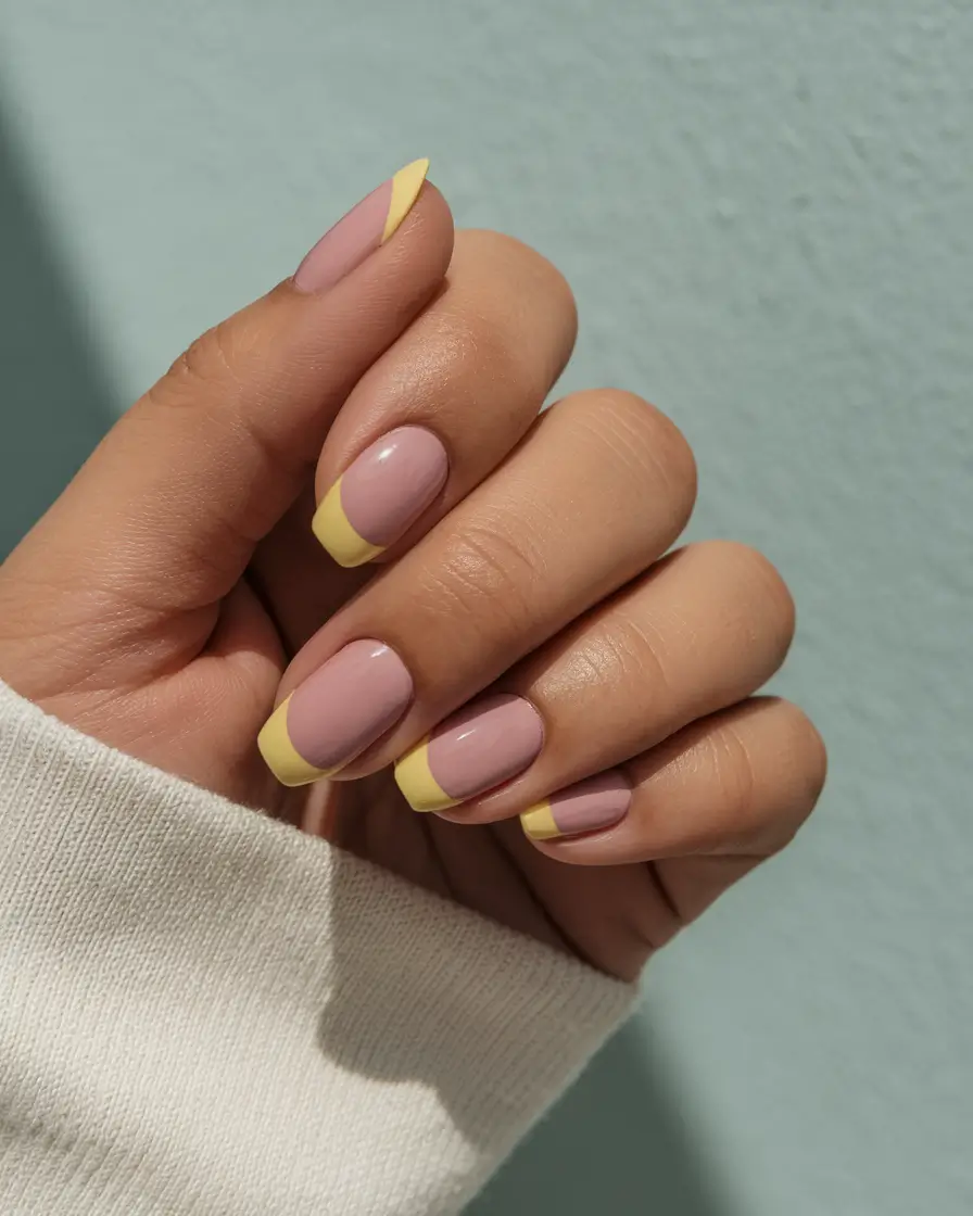 french tips for summer Muted Mauve with Soft Yellow Smile Lines