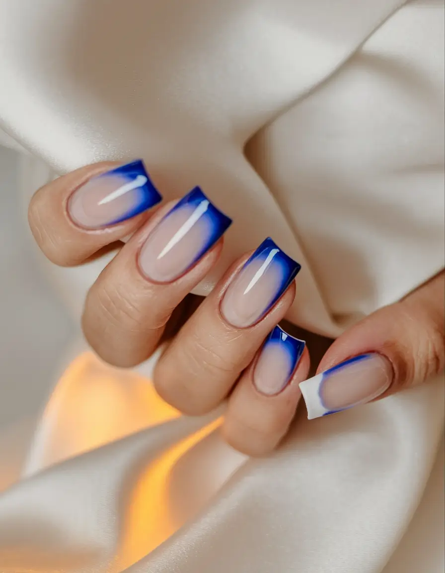 french tips for summer Bold Blue Square Fade with a Hint of Cool