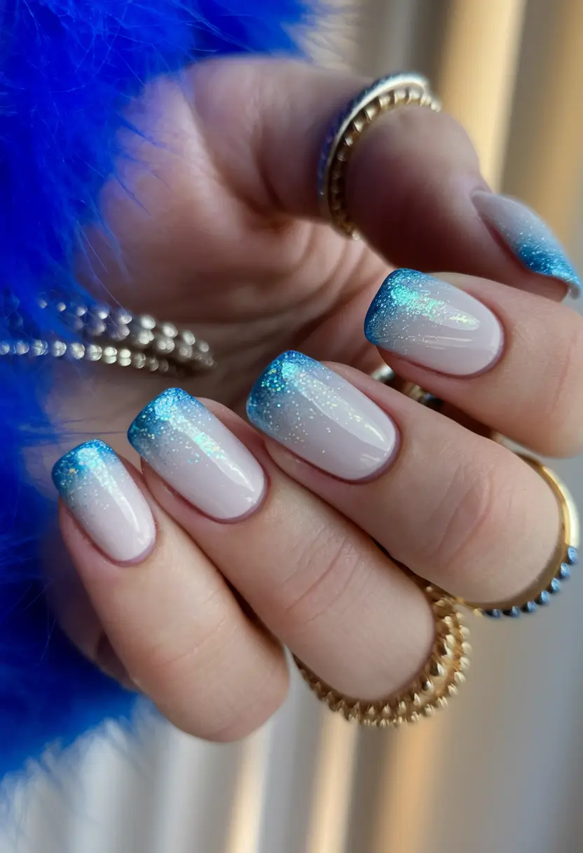french tips for summer Blue Glitter French with an Iridescent Edge