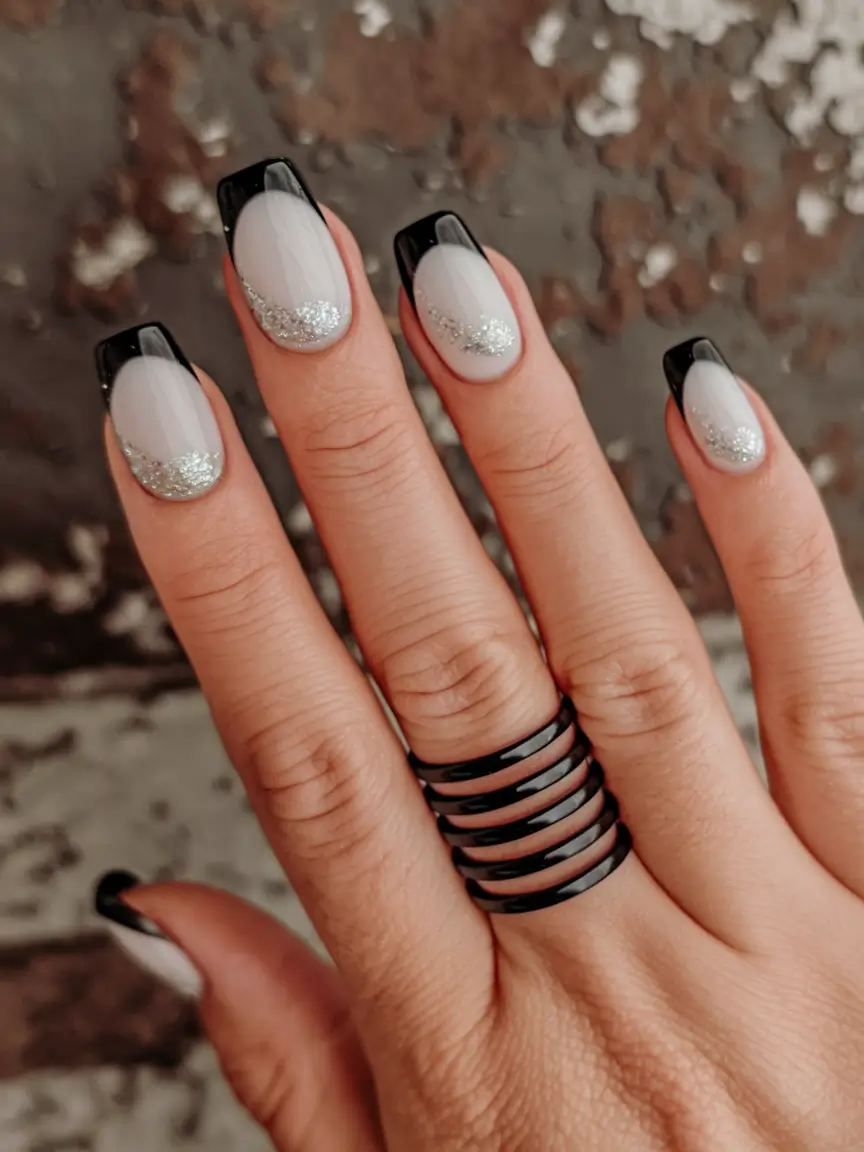 french tips for summer Midnight Black and Silver Drama