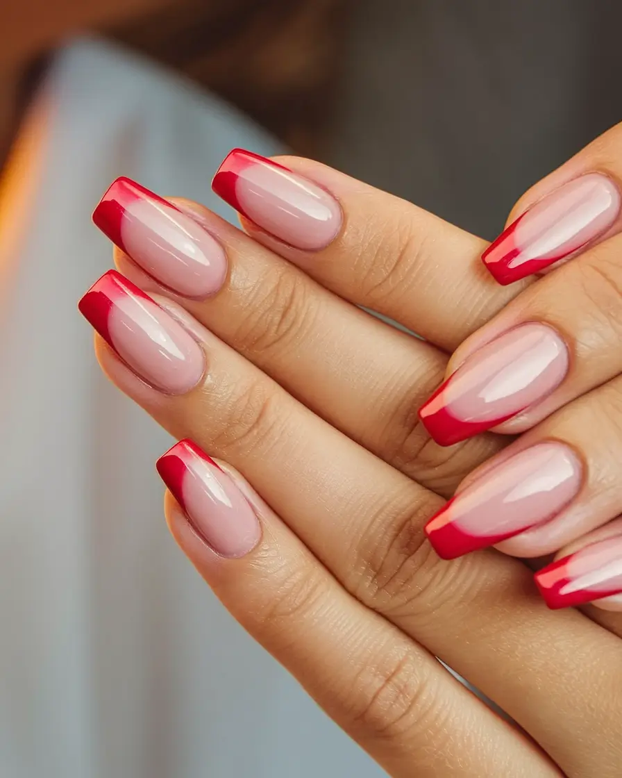 french tips for summer Cherry-Red French with a Glossy Almond Twist