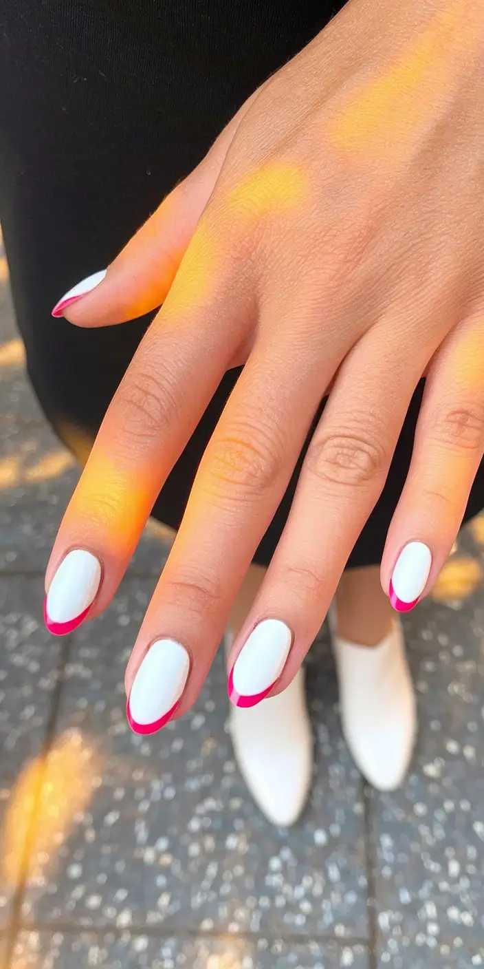 french tips for summer Graphic White Base with Hot Pink Micro-Crescent
