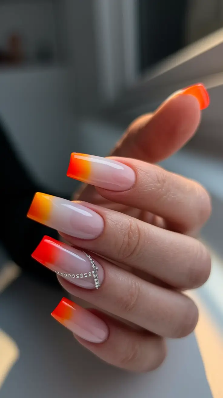 french tips for summer Tangerine Sunrise Ombre Coffin Tips