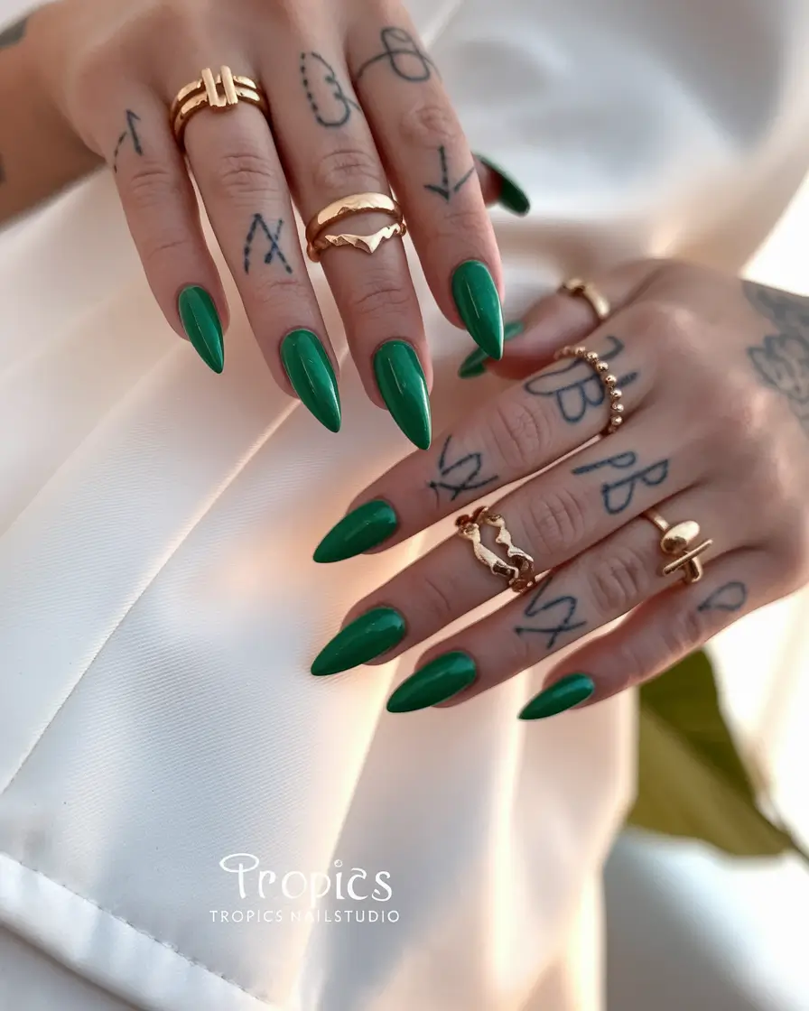 fresh green nails Deep Emerald Elegance with a Stiletto Twist