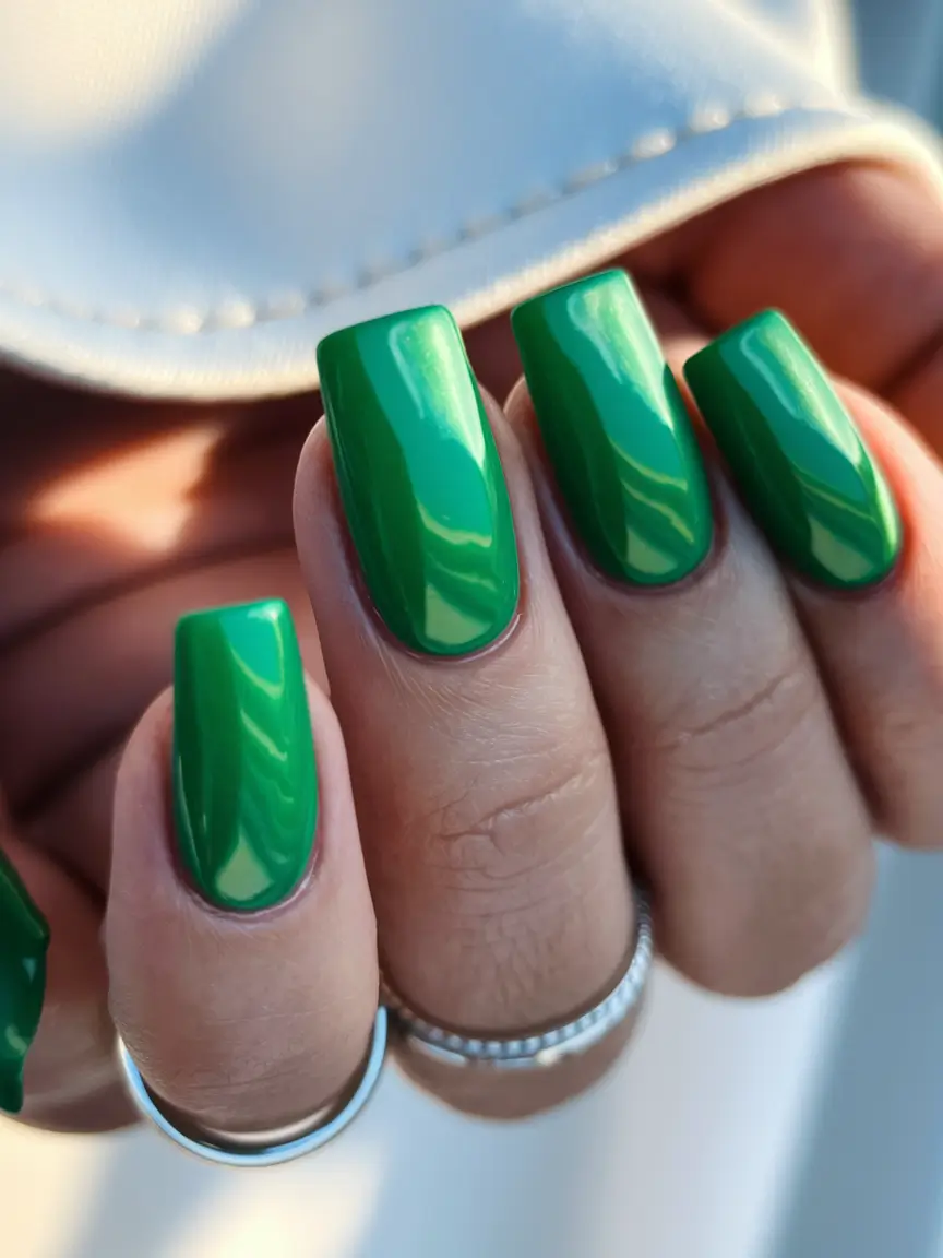 fresh green nails Glossy Kelly Green with Coffin Precision