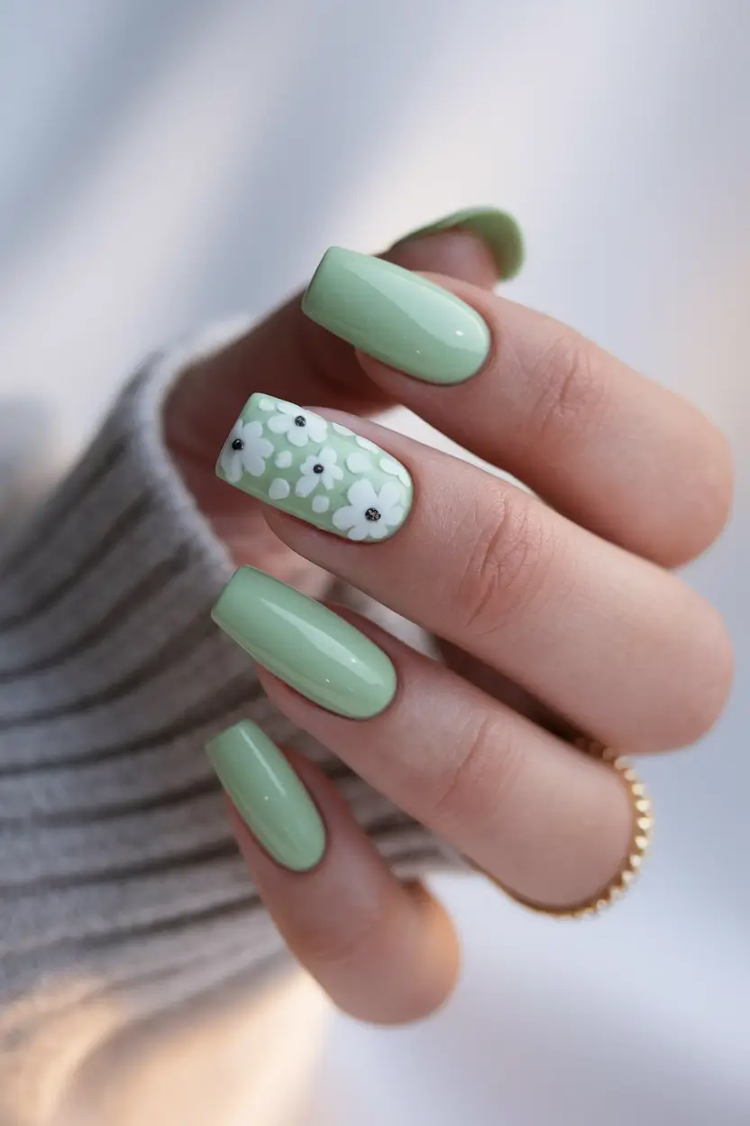 fresh green nails Pistachio Gloss with Daisy Accents