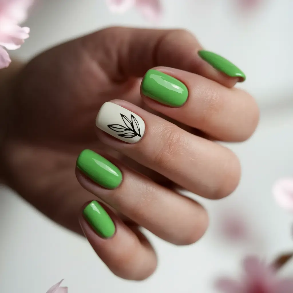 fresh green nails Leaf Accent on Fresh Lime Base