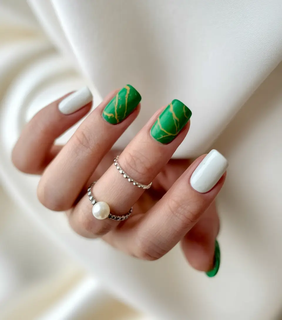 fresh green nails Marbled Green with Golden Veins