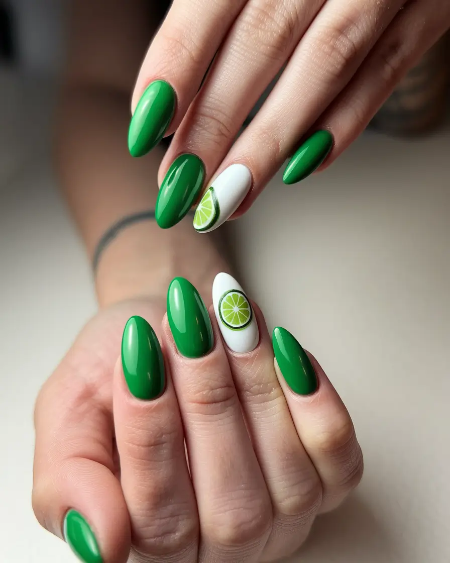 fresh green nails Lime Slice Accents on Juicy Green Almonds