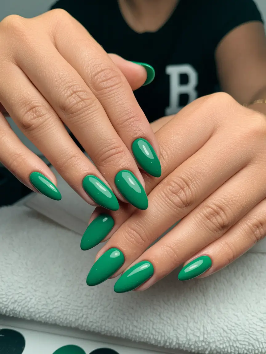 fresh green nails Classic Almonds in Glossy Forest Green