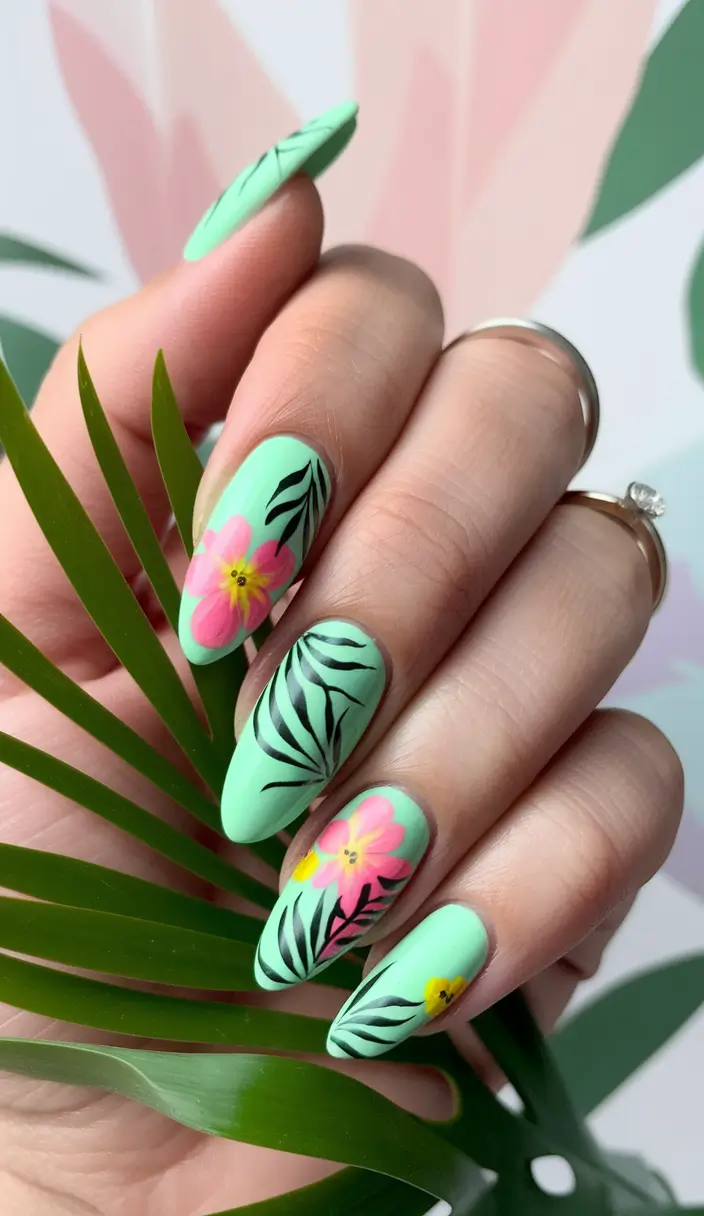 fresh green nails Tropical Florals in Matte Mint