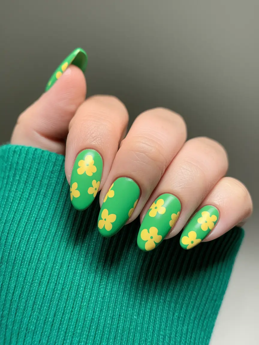 fresh green nails Retro Flower Power with a Bold Green Base