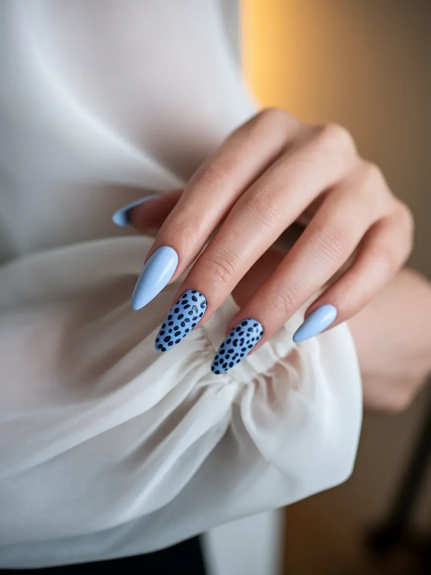 Glossy Gel Nails for Summer 2025 Powder Blue and Dotted Drama