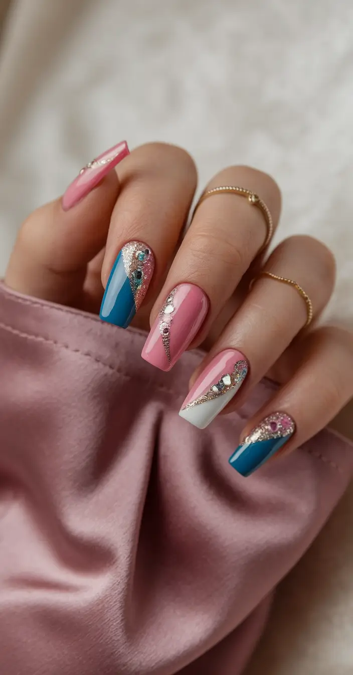 Glossy Gel Nails for Summer 2025 Glam Split Design with Crystals