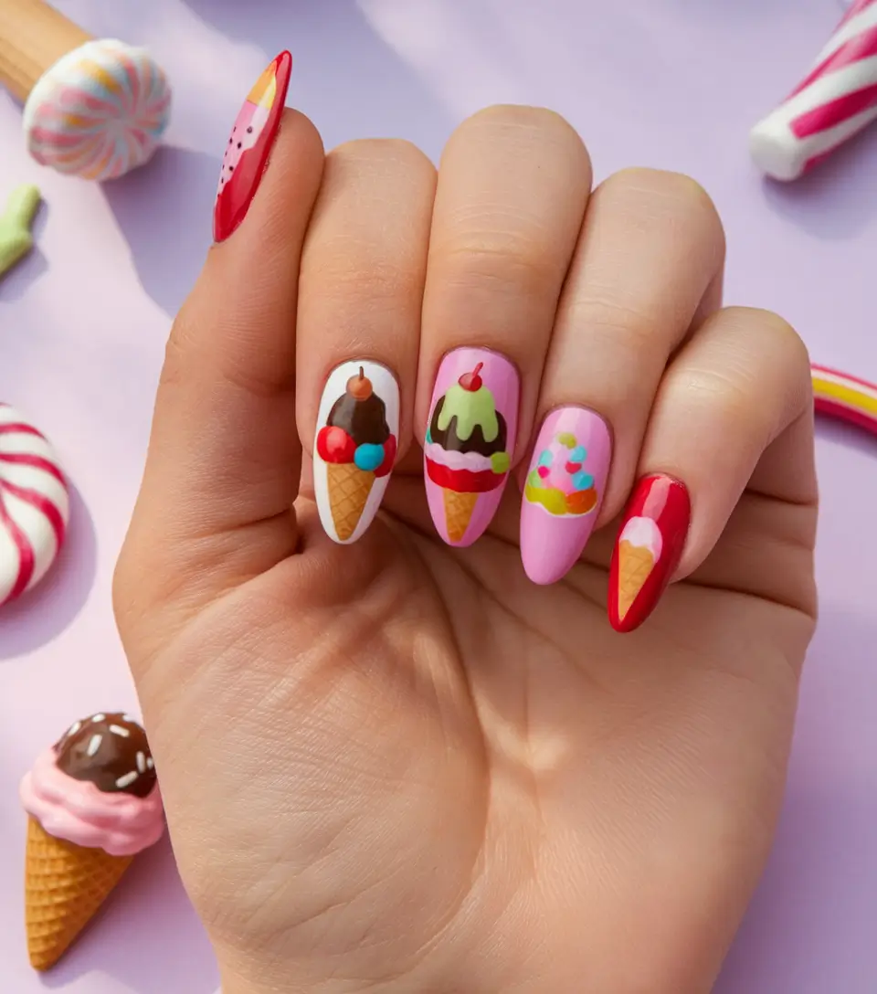 Glossy Gel Nails for Summer 2025 Candy Ice Cream Dream
