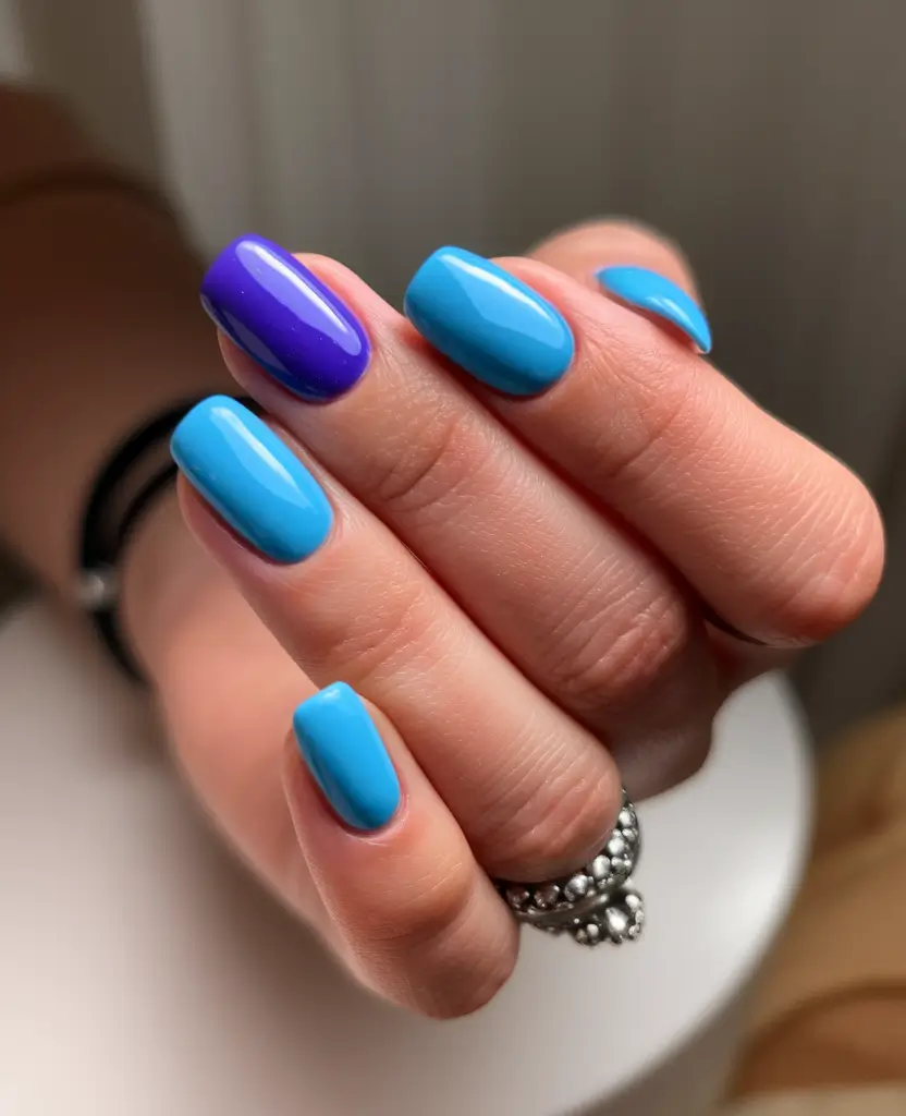 Glossy Gel Nails for Summer 2025 Glossy Violet & Sky Color Block
