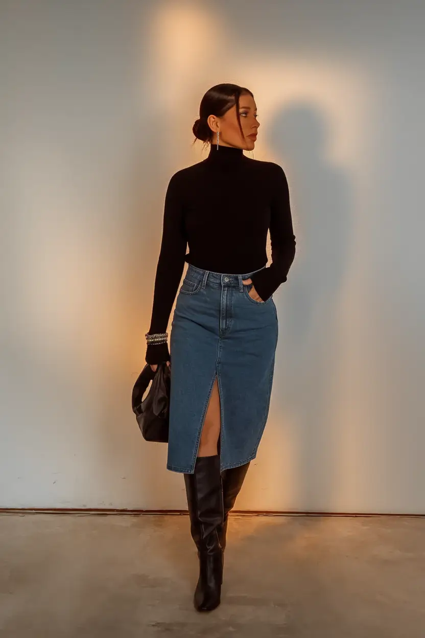 fall outfits ideas Denim Dress Revival with Sleek Flair