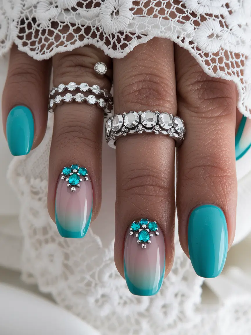 Nail Inspo for Summer 2025+Beach Bride Blue with Crystal Accents
