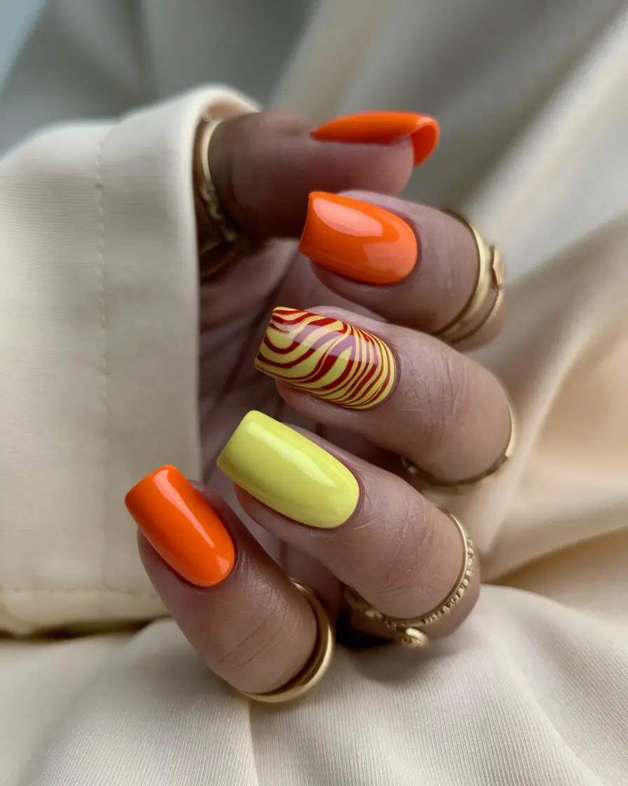 Nail Inspo for Summer 2025+Juicy Citrus Swirl on Square Tips