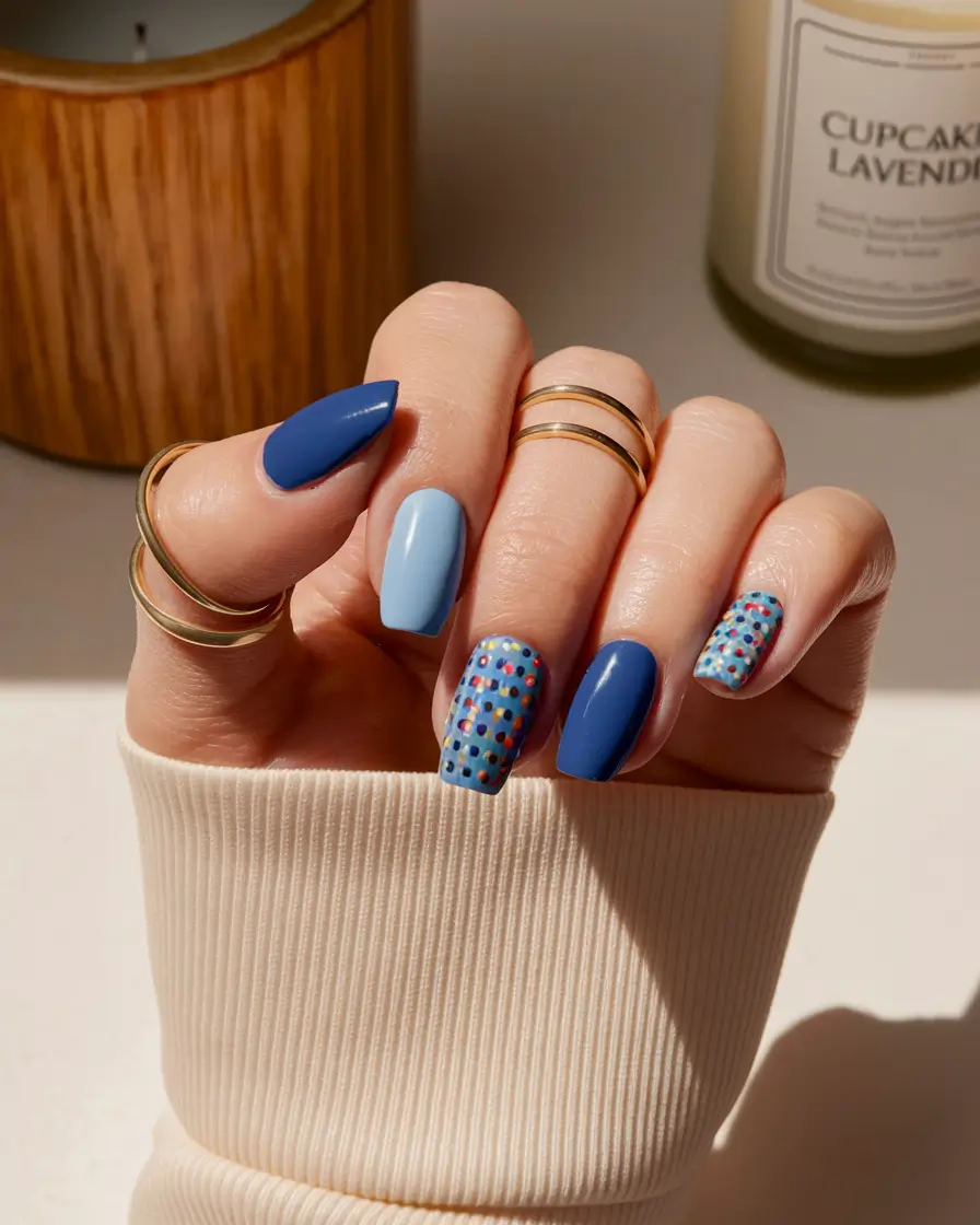 Nail Inspo for Summer 2025+Blue Pop Dots on Classic Square