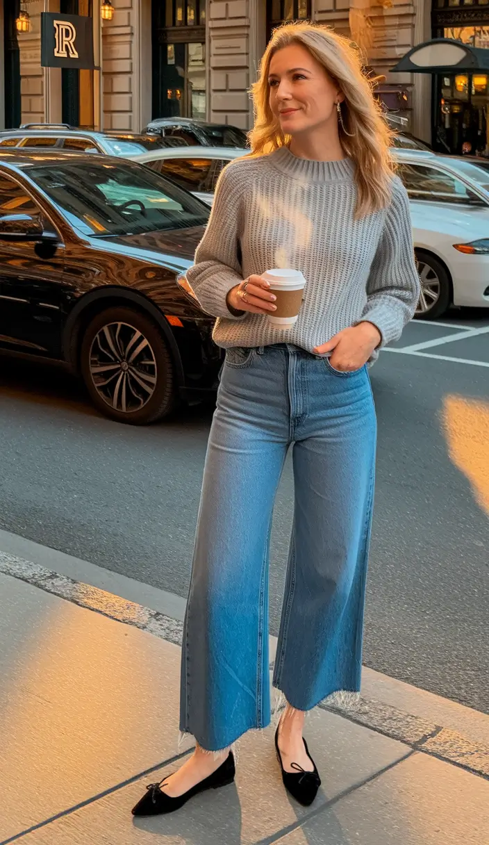 fall old money outfits casual grey knit and cropped denim on the go