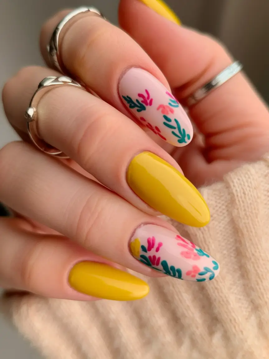 Oval Nail Inspo for Summer 2025 Looks Sun-Kissed Yellow with Delicate Florals