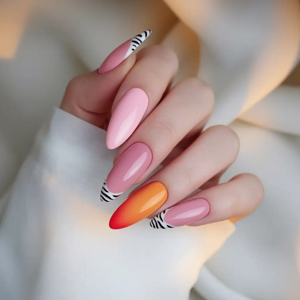 Oval Nail Inspo for Summer 2025 Looks Zebra Edge with Sunset Fade