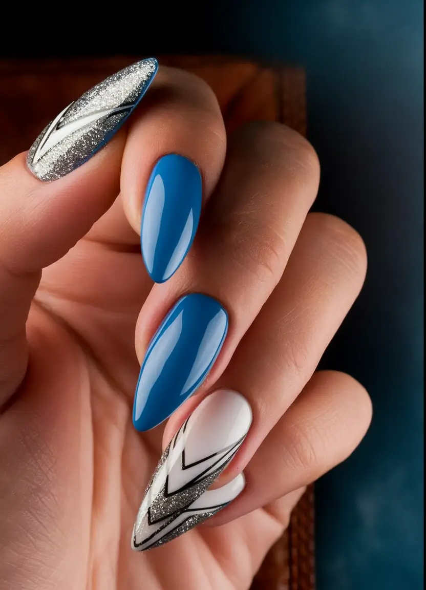Oval Nail Inspo for Summer 2025 Looks Midnight Blue Meets Sparkle Arrow Art