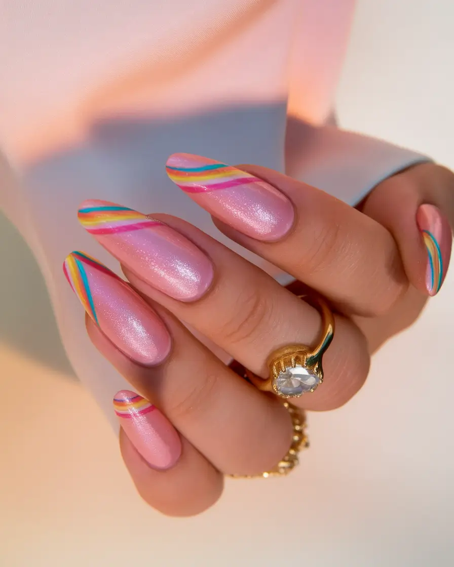 Oval Nail Inspo for Summer 2025 Looks Rainbow Stripes on Soft Pearl Pink
