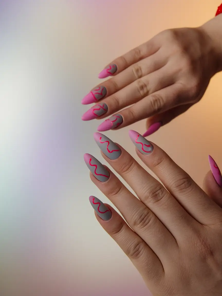 Oval Nail Inspo for Summer 2025 Looks Pink Matte Meets Electric Scribble