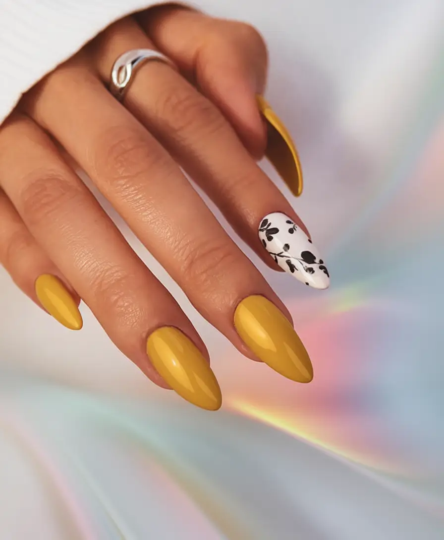 Oval Nail Inspo for Summer 2025 Looks Mustard Glow with Monochrome Floral Accent