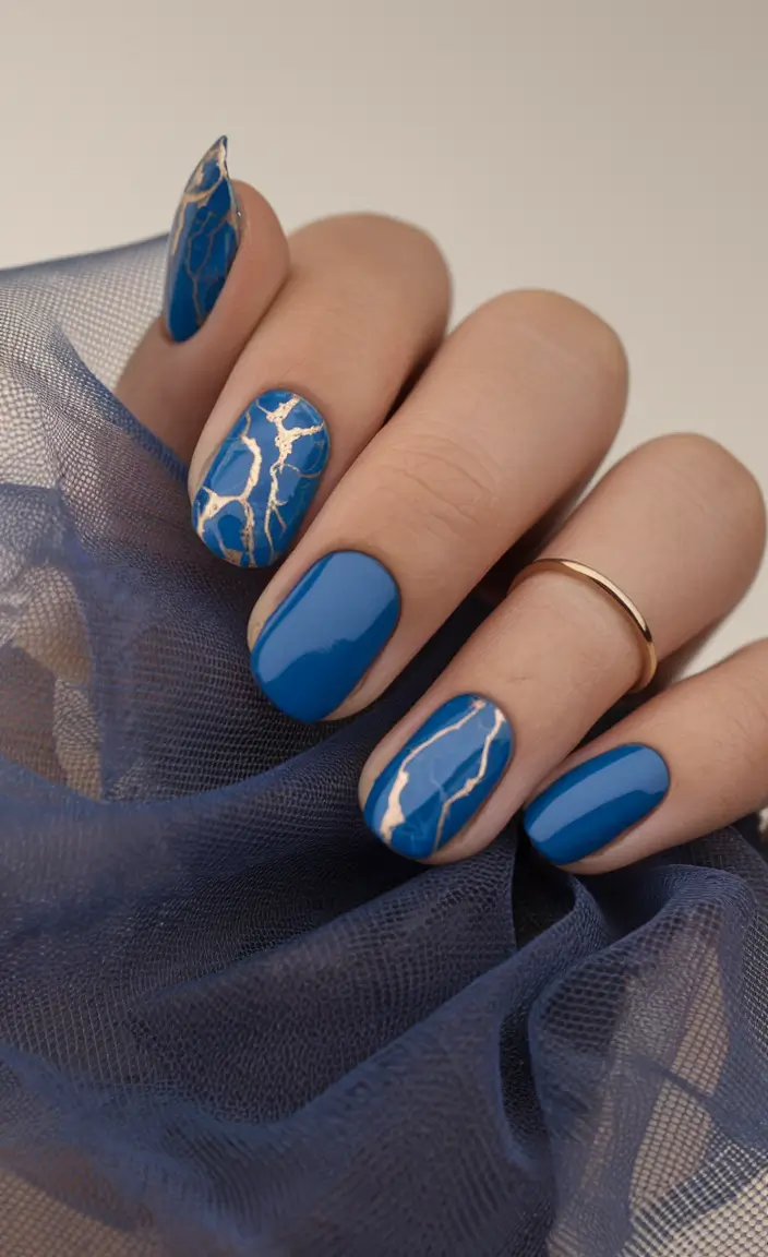 round summer nails Midnight Marble in Ocean Blue