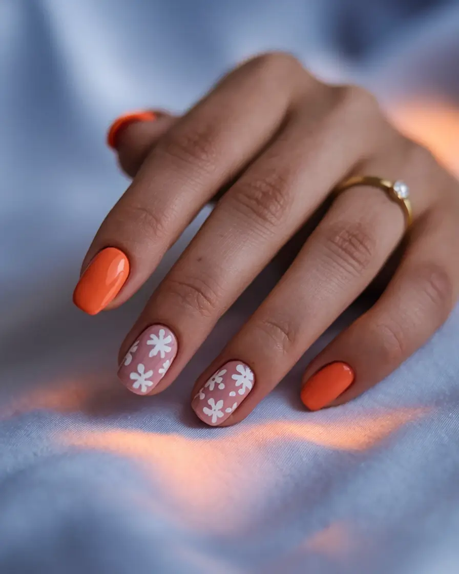 round summer nails Retro Daisies & Creamsicle Shine