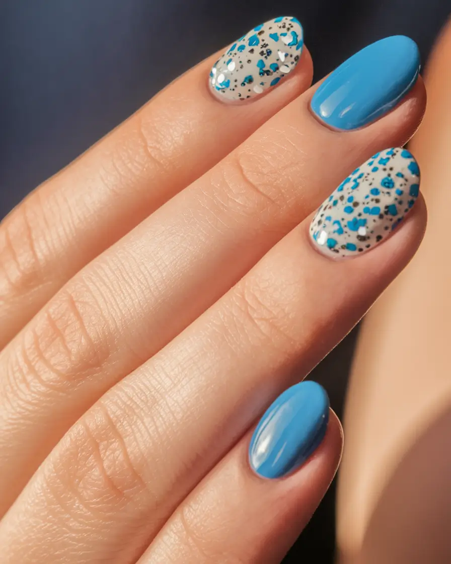 round summer nails Blue Confetti Over Cream