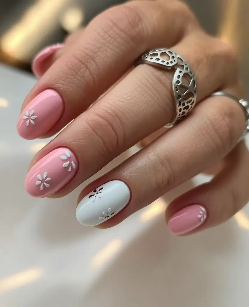 round summer nails Petal Whispers in Pink & White