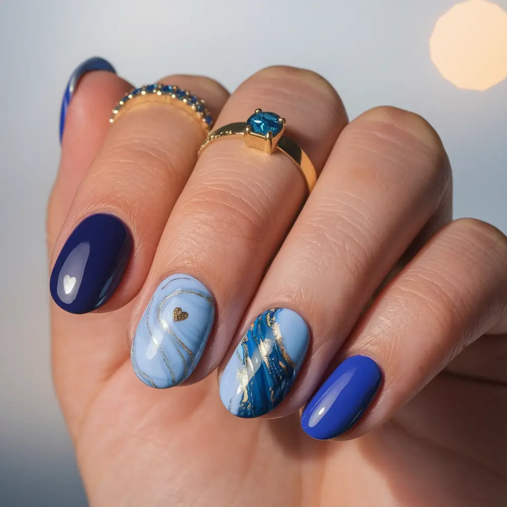 round summer nails Celestial Sky Marble with Metallic Gold