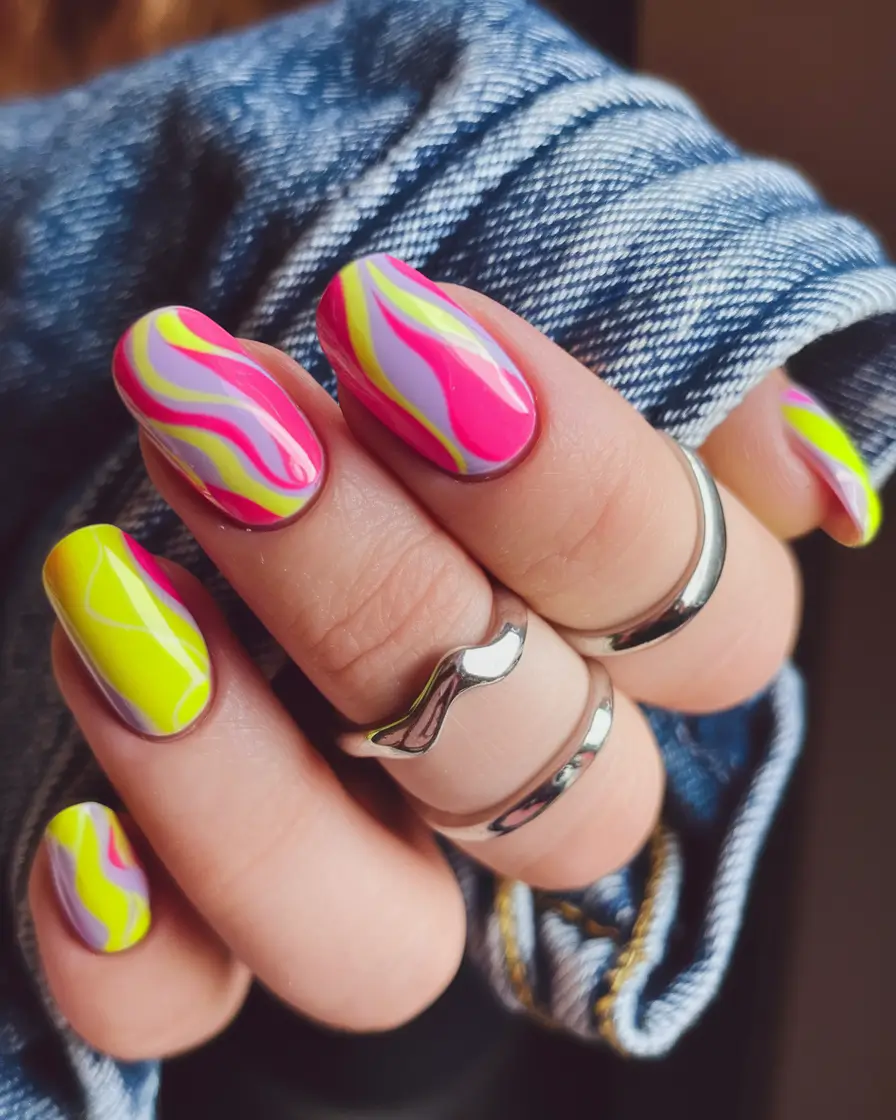 round summer nails Electric Neon Swirl Pop
