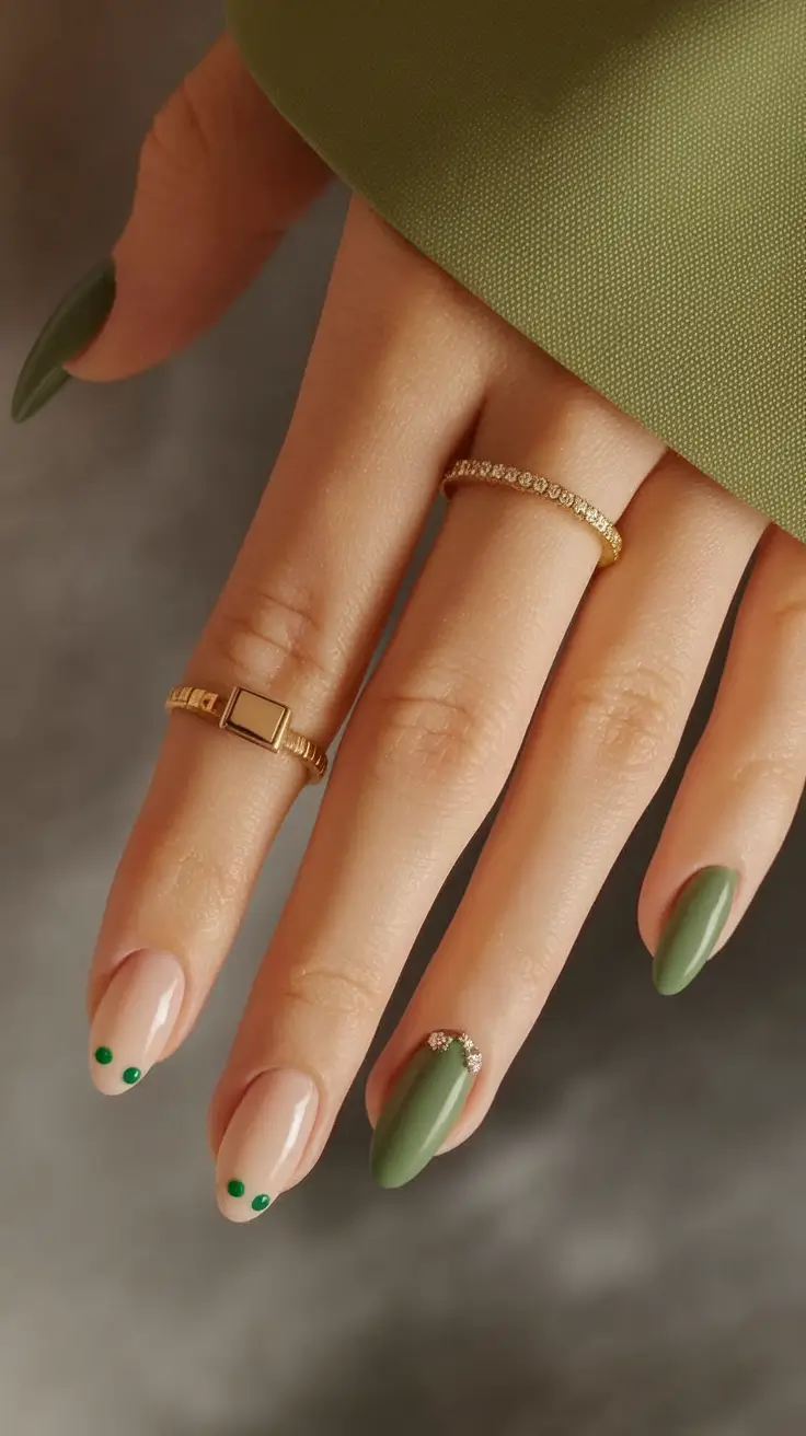 round summer nails Earthy French with Emerald Dots
