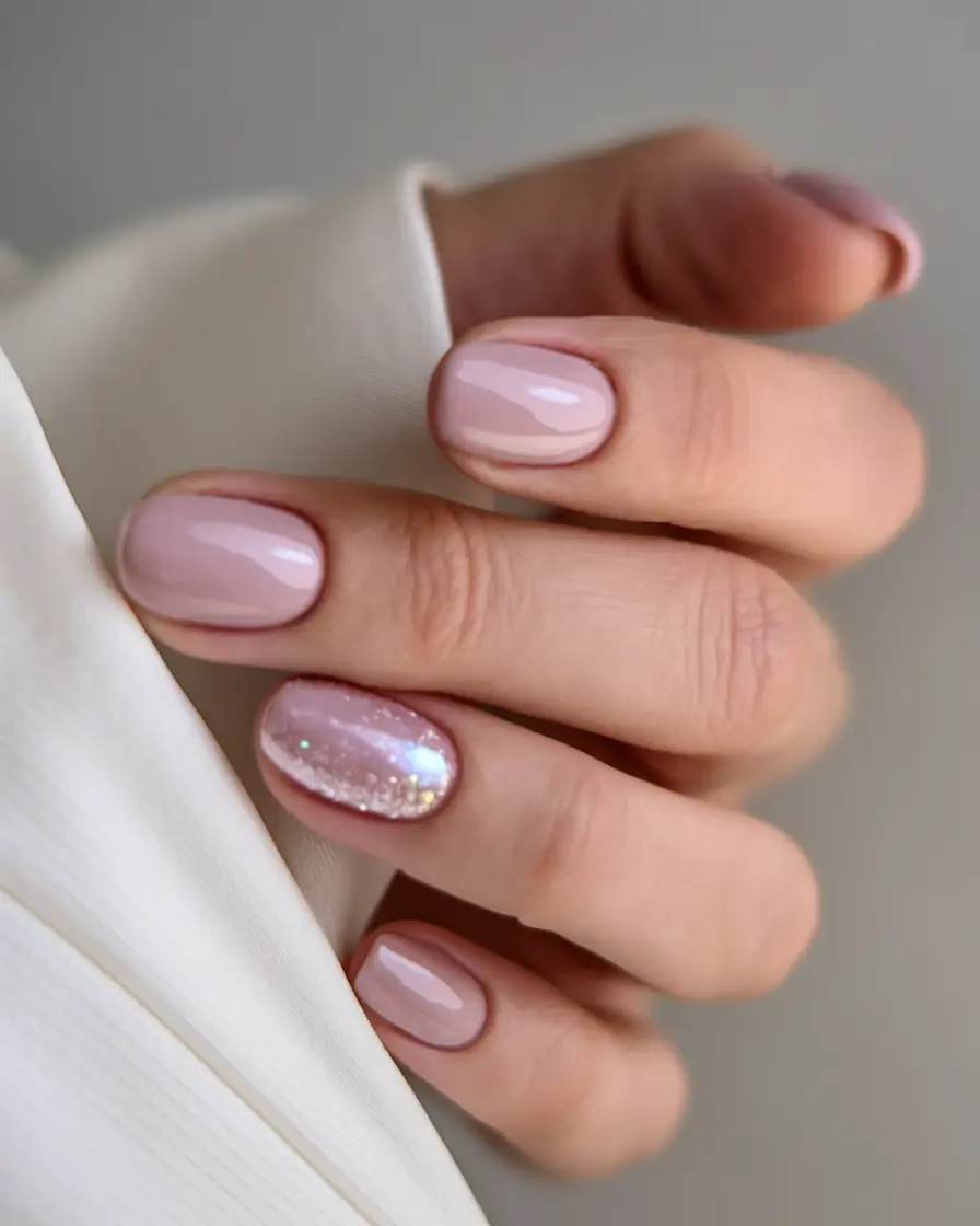 round summer nails Soft Blush With Micro-Glitter Accent