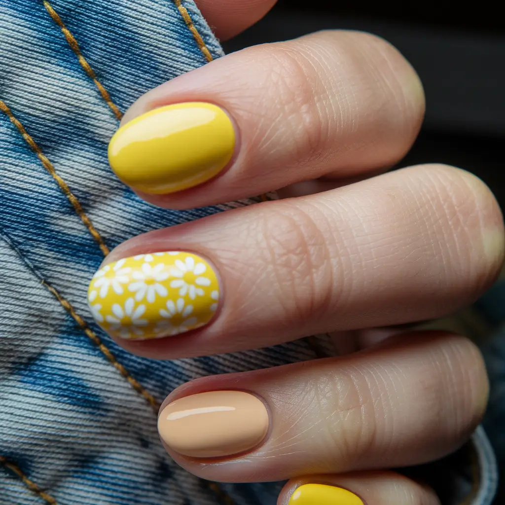 round summer nails Daisy Burst in Marigold & Apricot